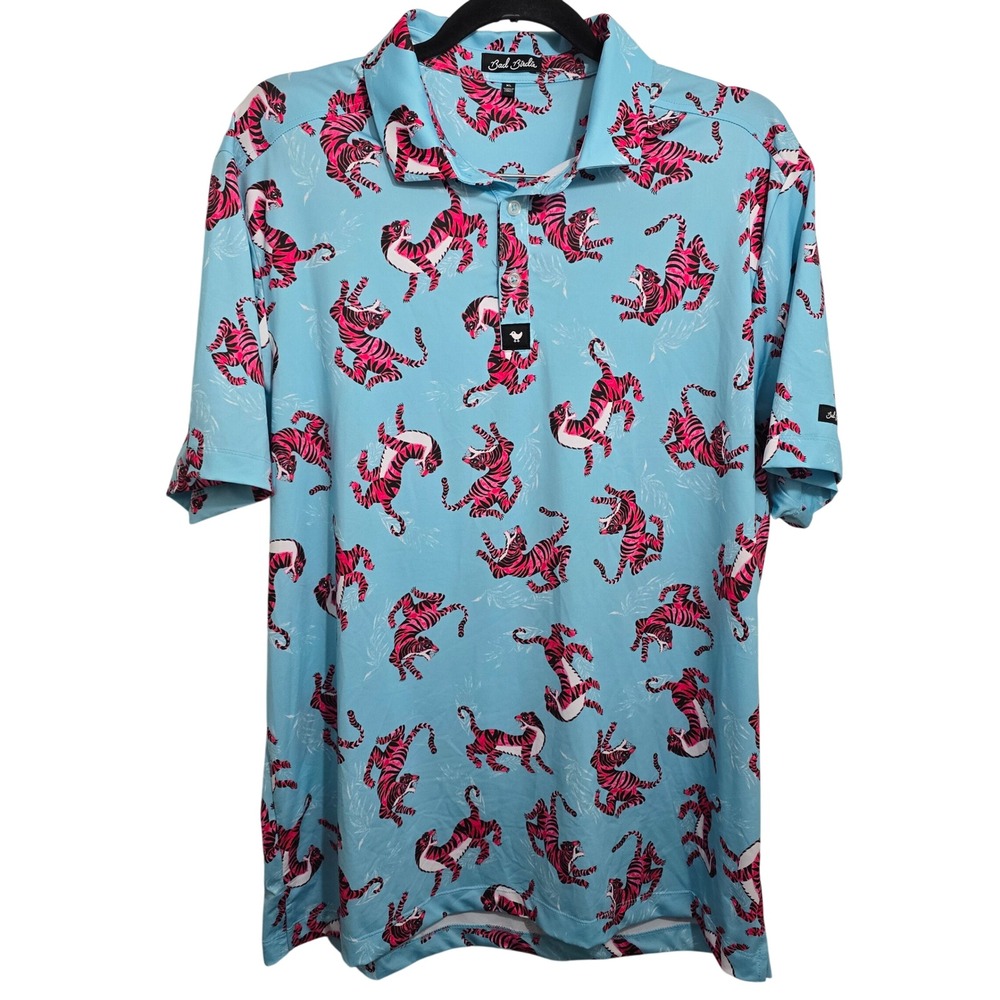 Bad Birdie Mens XL Golf Polo Shirt Blue‎ Pink Tiger Print Performance Stretch